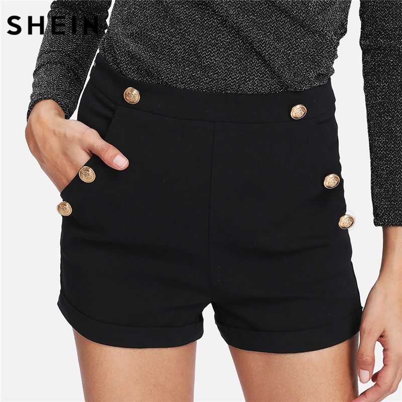 Shorts Women High Waisted Shorts Black Zipper Fly Gold Button Detail