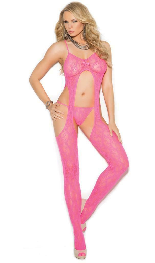 Lace Suspender Bodystocking Strappy Cut Outs Satin Bow Crotchless Neon Pink Stockings