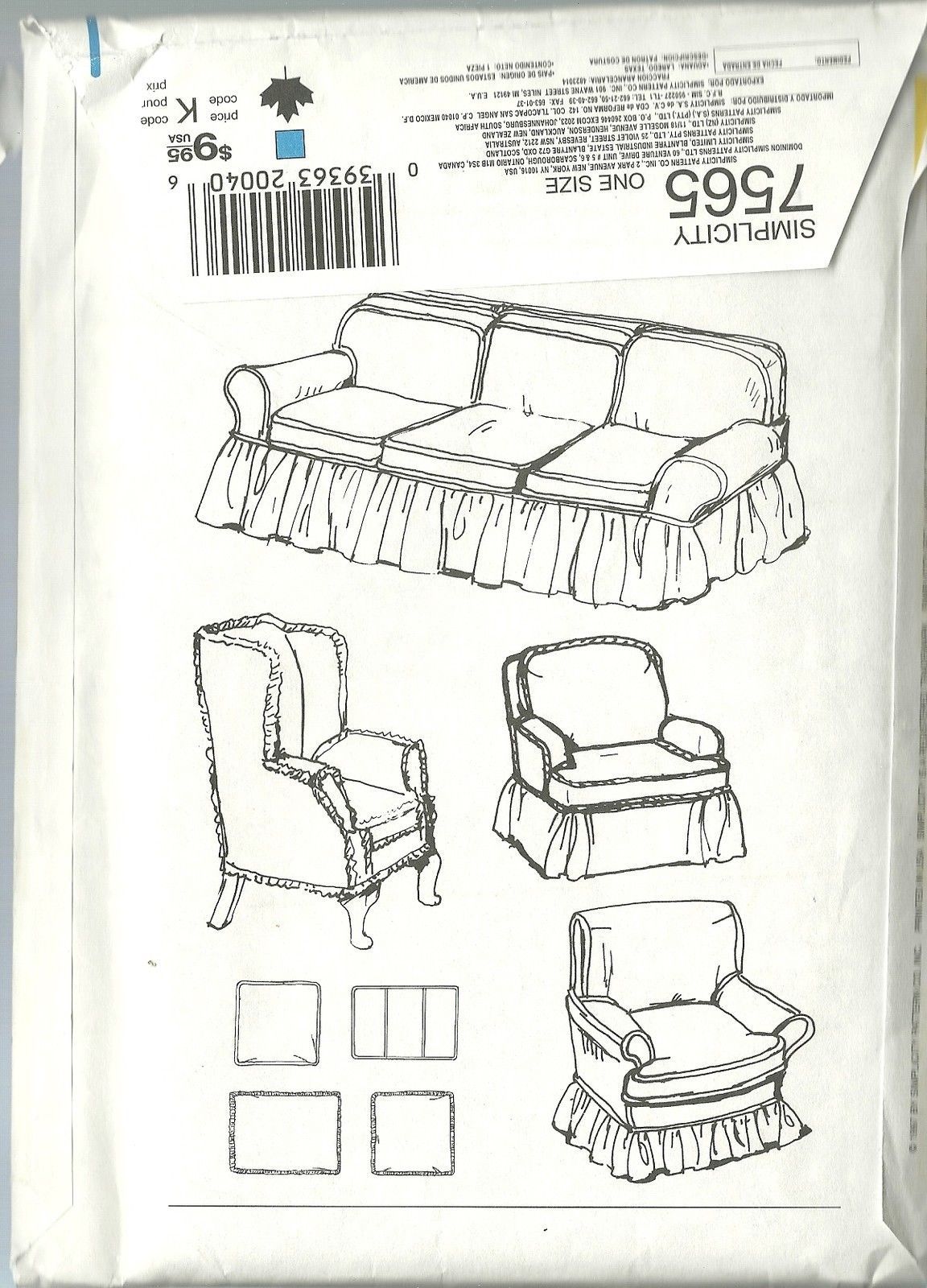 Simplicity Sewing Pattern 7565 Home Decorating Couch Chair Slipcovers