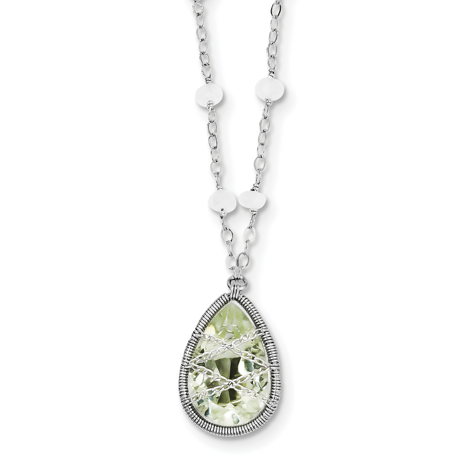 Sterling Silver Rhodium Green Quartz Rnbow Moonstone 18in Necklace