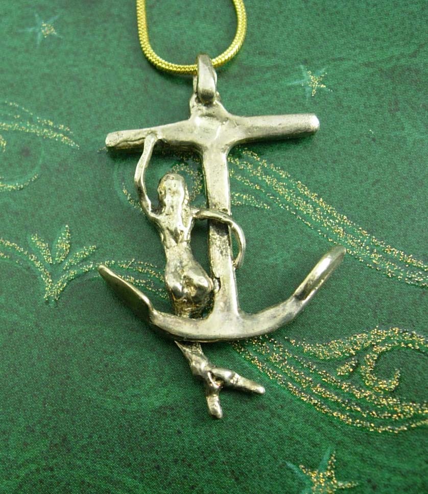 Unusual Vintage Large Sterling Mermaid Anchor Necklace Pendant Siren