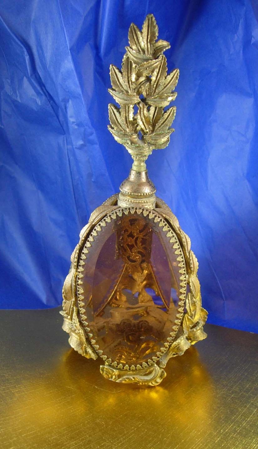 Antique French Ormolu Perfume Bottle Large Victorian Amber Glass