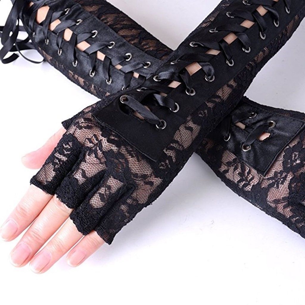 Women S Sexy Elbow Length Fingerless Lace Up Arm Warmer Black Long Lace