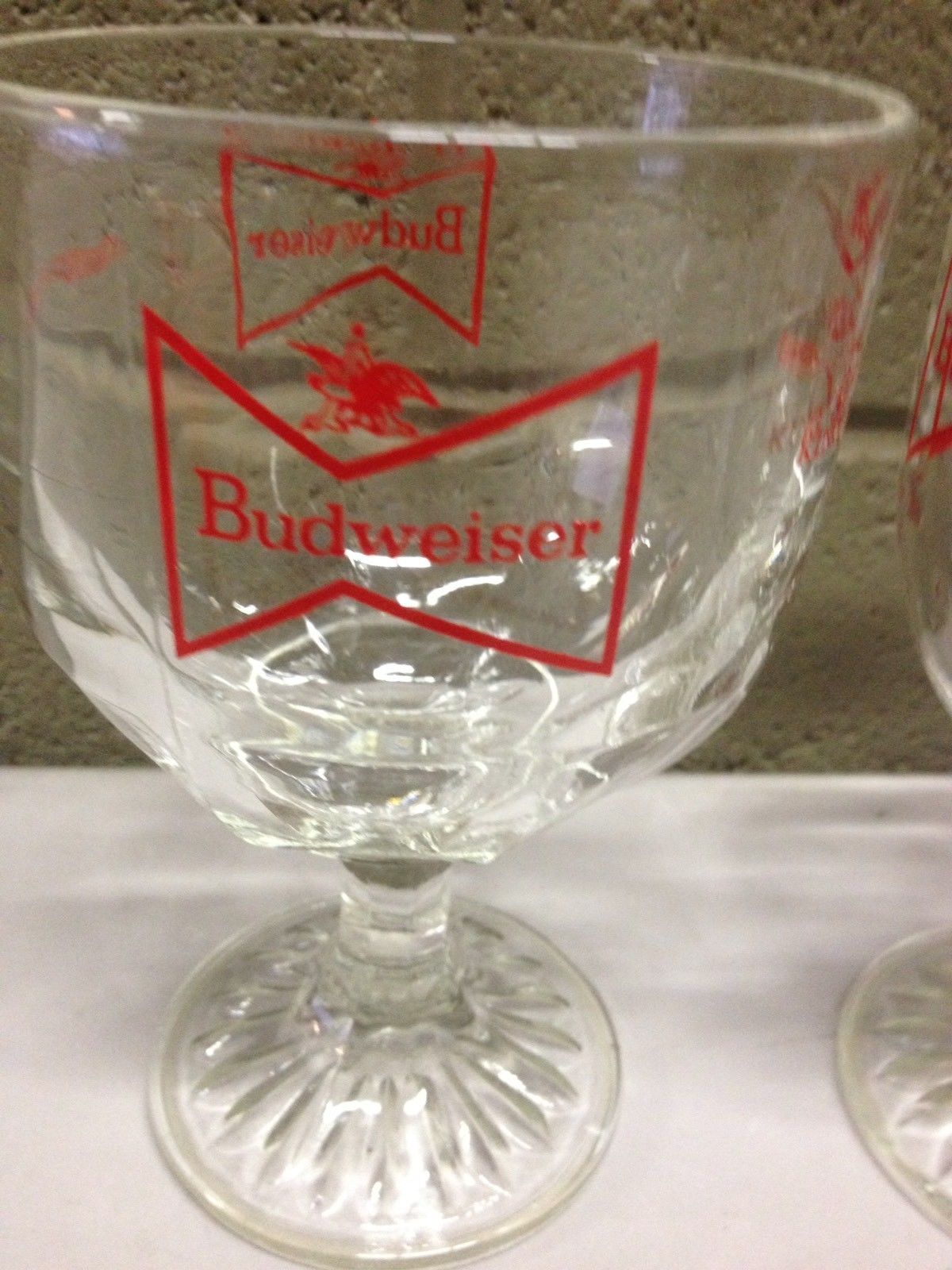 2 Budweiser Beer Thumbprint Heavy Glass Red Bow Tie Goblet Chalice 70s