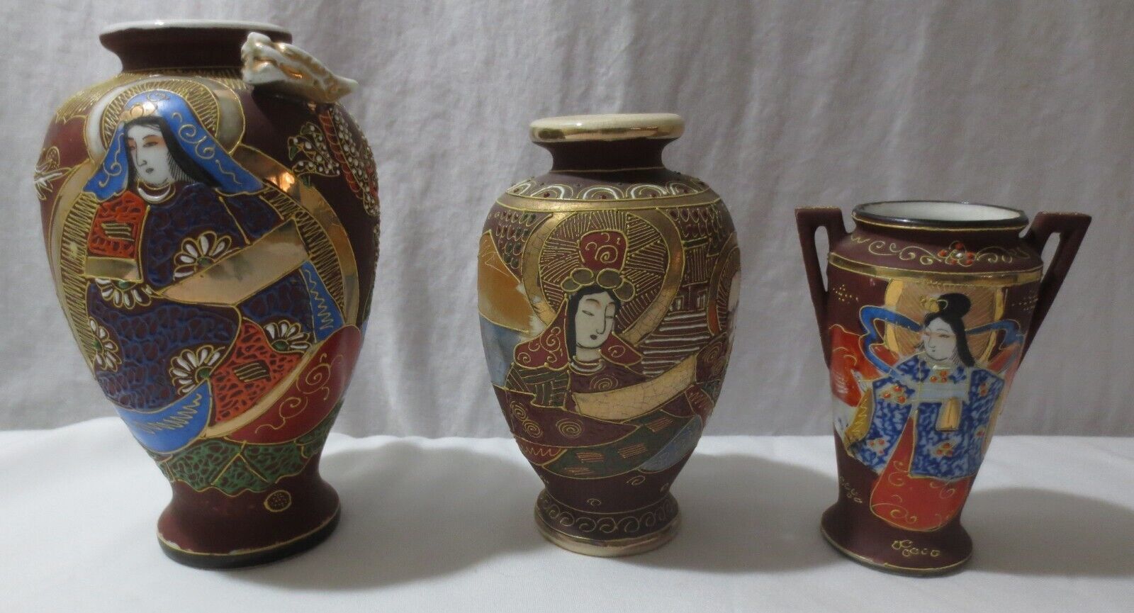 Vintage Japanese Moriage Satsuma Earthenware Kannon Rakan Geisha