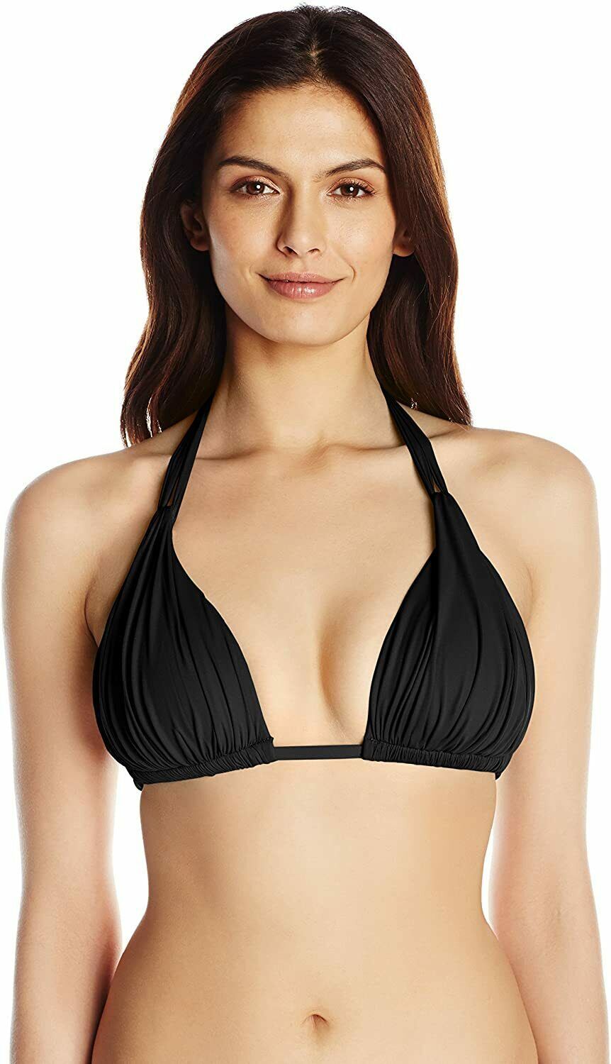 La Blanca BLACK Island Goddess Rouched Halter Bikini Swim Top US 36DD