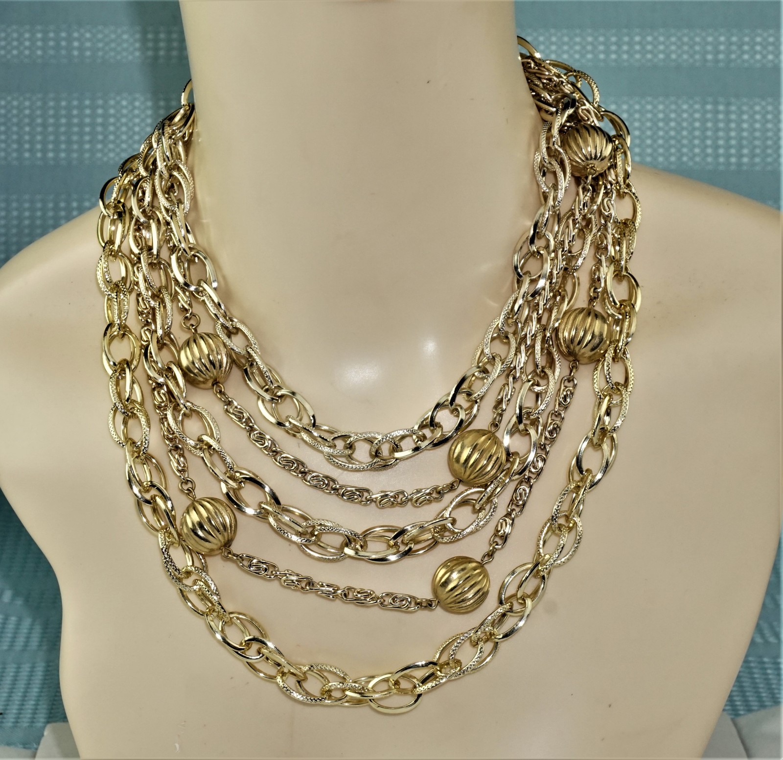 Vintage Signed Coro Multi Strand Chains Necklace Gold Tone Beads