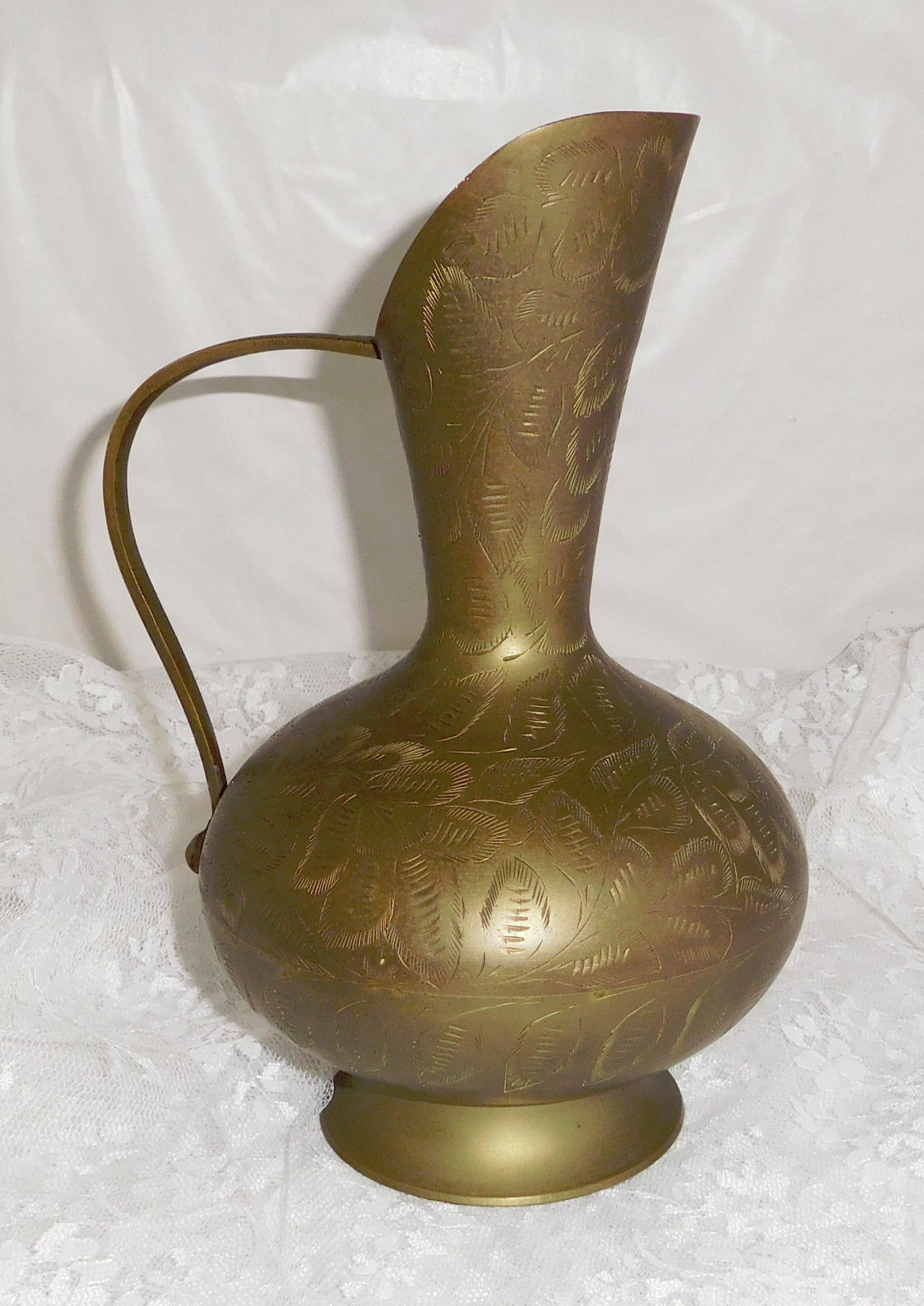 Vintage Etched Brass Pitcher From India High X Diameter At