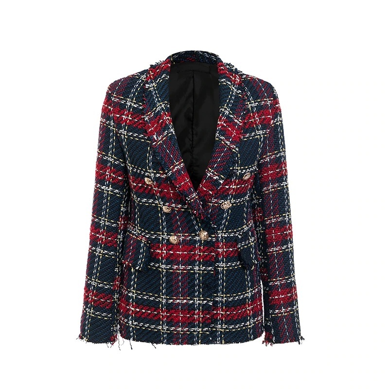 New Navy Blue Red Plaid Tweed Check Blazer Women Checked Suit Autumn