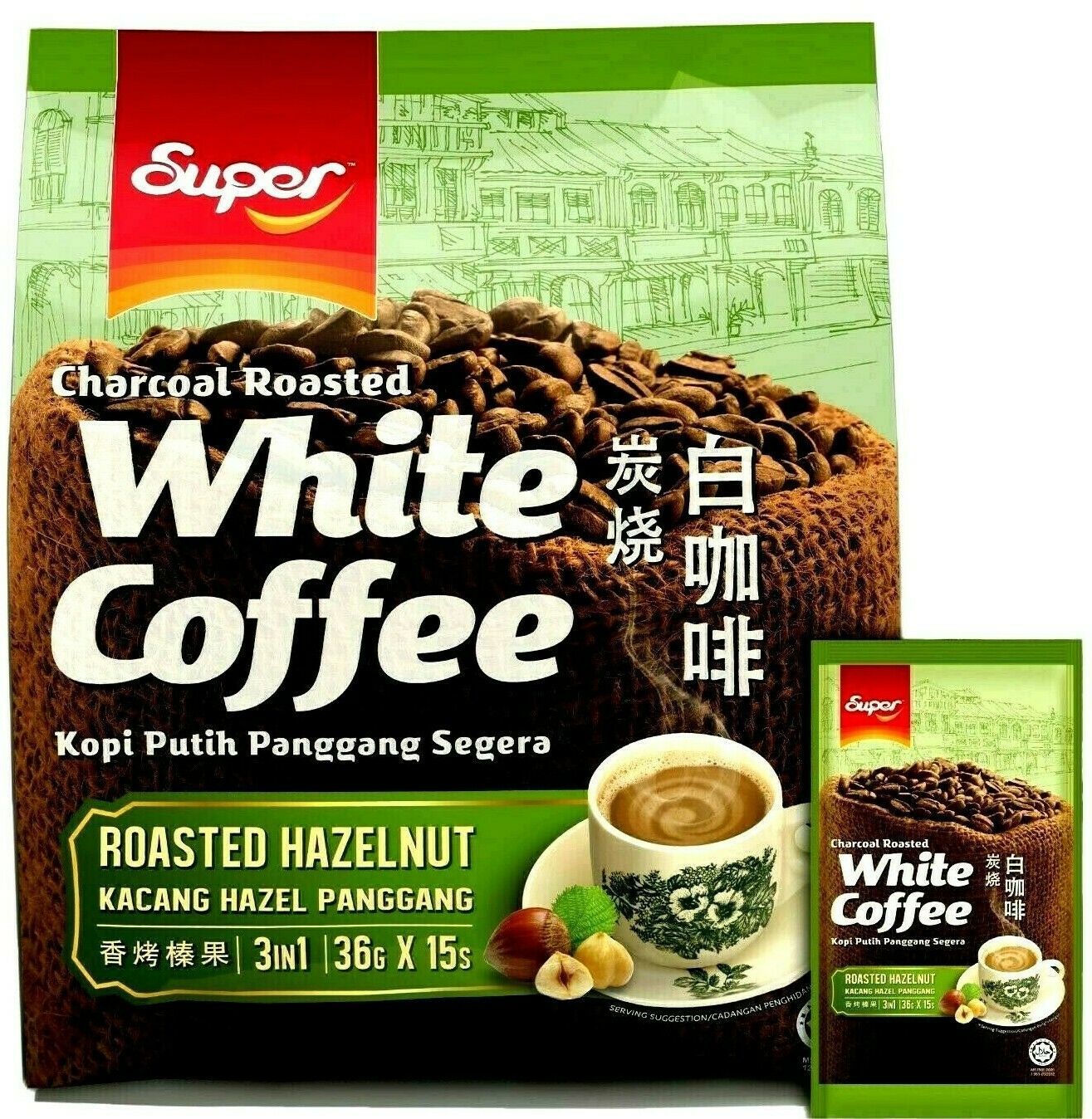 Super 3 In 1 Instant Hazelnut Charcoal Roasted White Coffee 15 Sachets