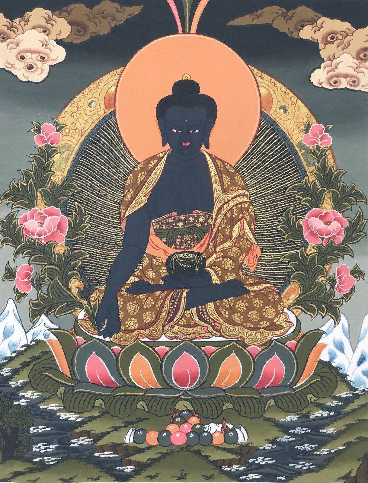 Medicine Buddha Tibetan Thangka Thanka Original Painting In Gold Finest