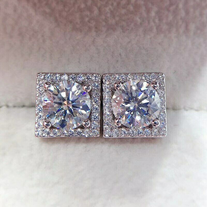 Ct Round Cut Moissanite Diamond Square Halo Stud Earrings K White