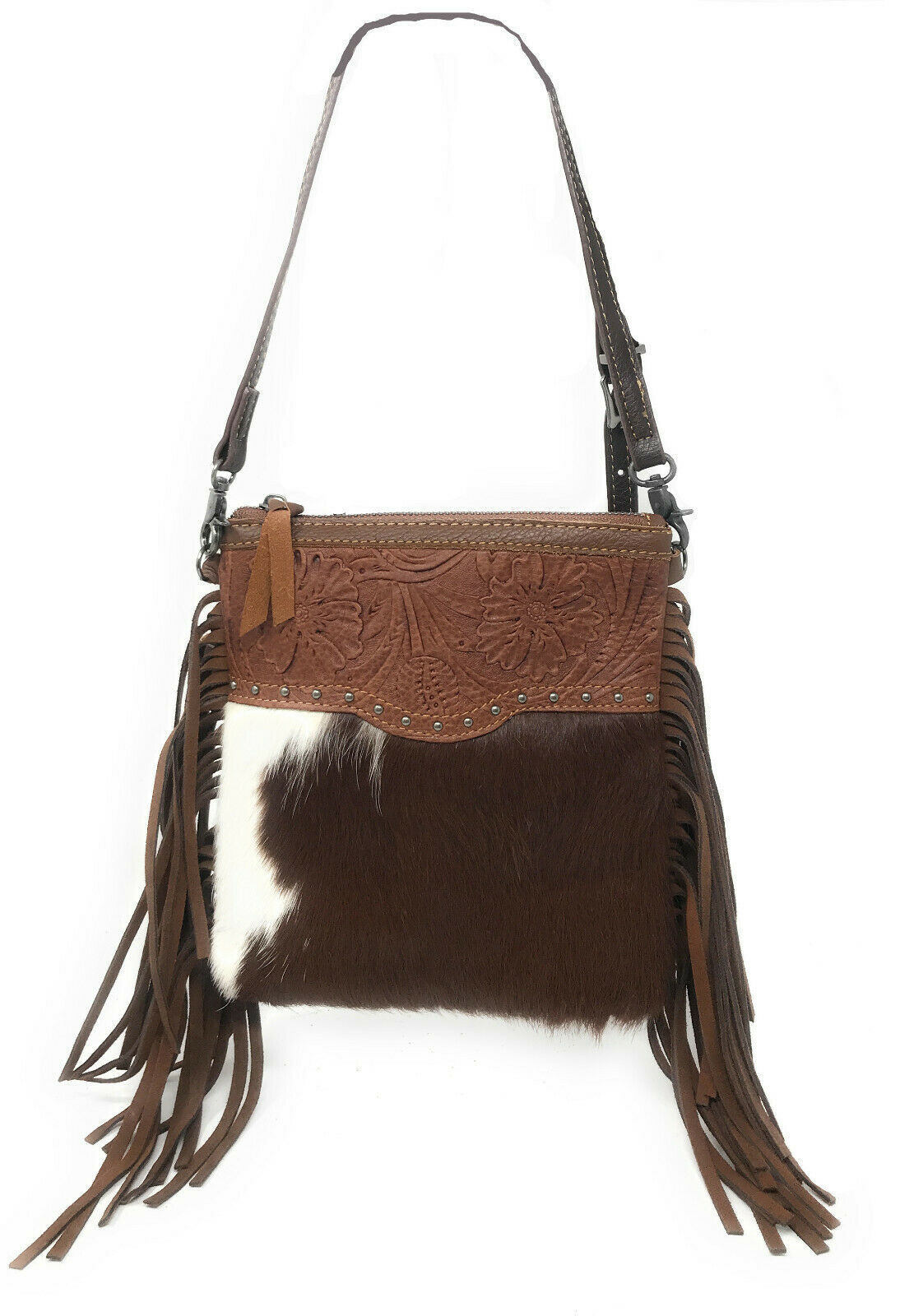 Western Genuine Tooled Leather Cowhide Fur Fringe Womens Crossbody Bag