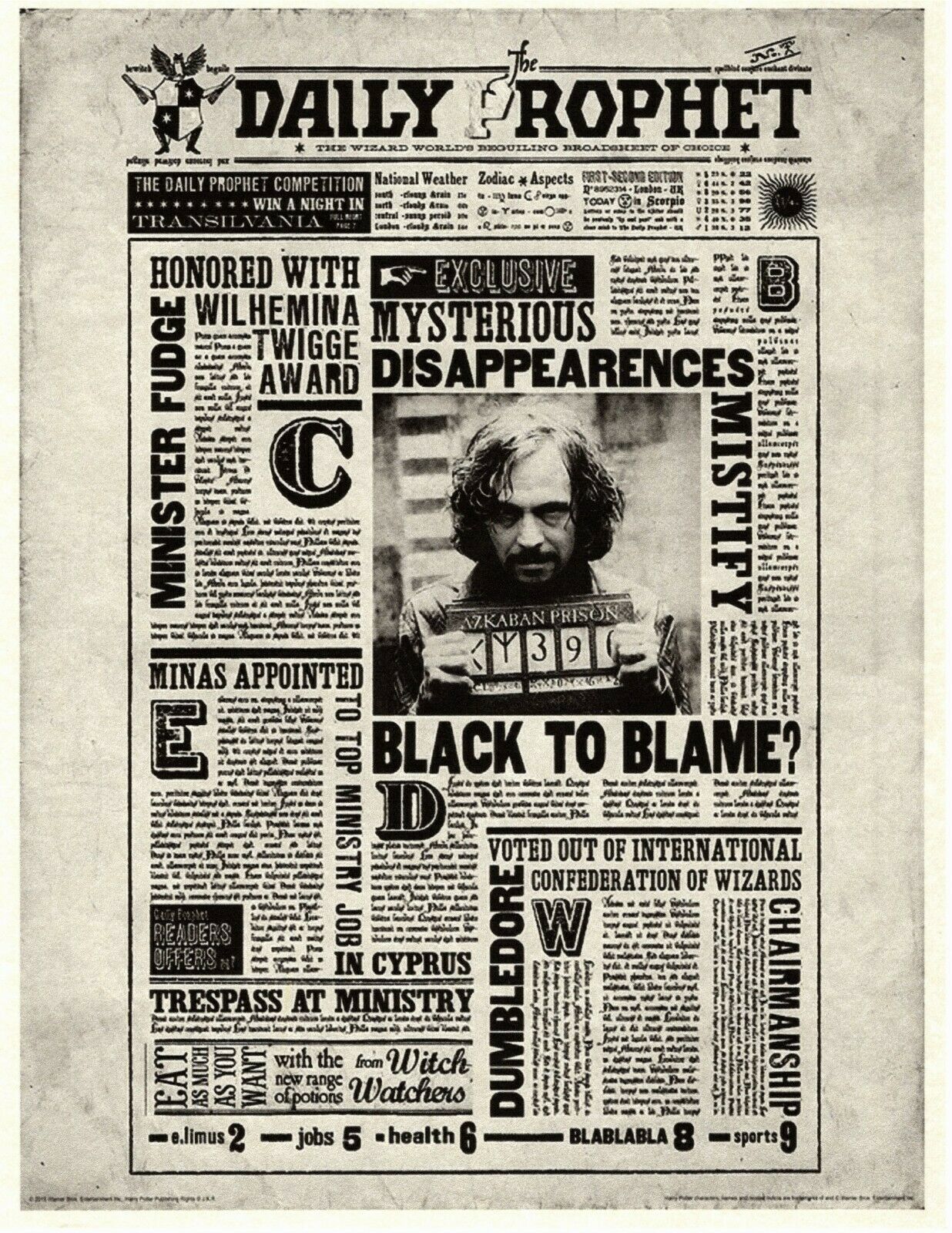 Harry Potter Daily Prophet Sirius Black To Blame Flyer Poster Replica