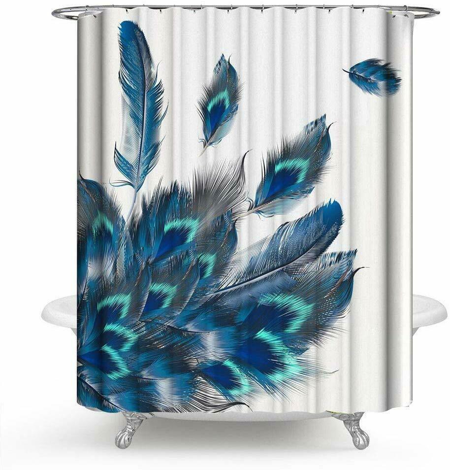 Waterproof Peacock Feather Boho Shabby Chic Blue White Fabric Shower