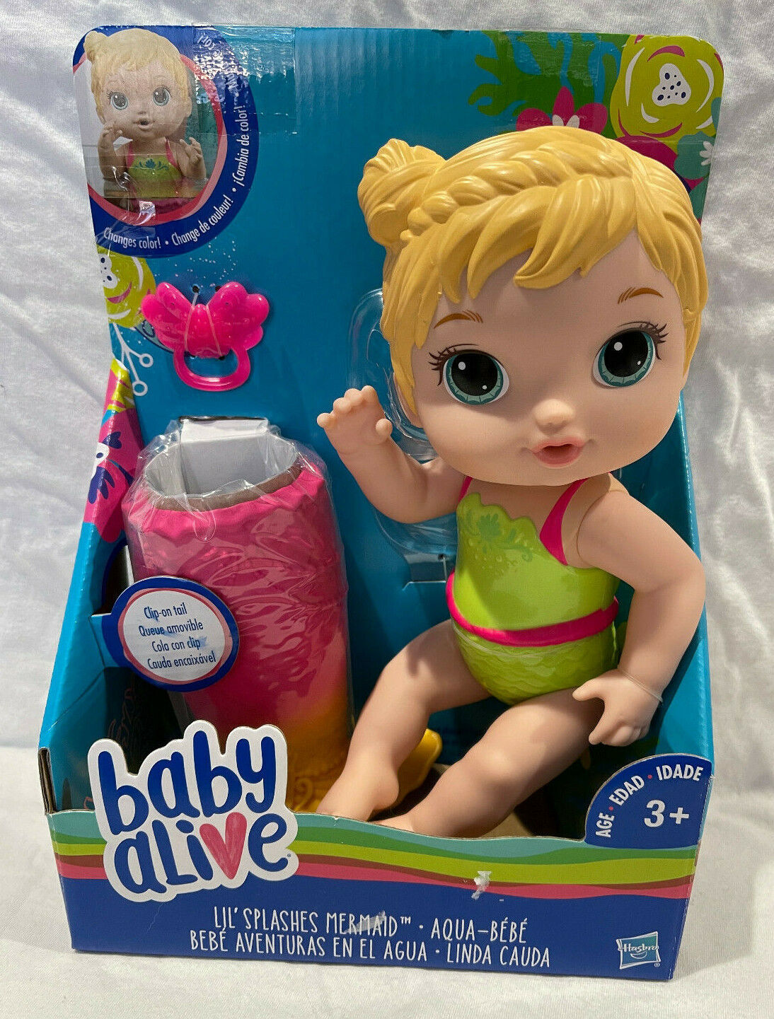 New Hasbro Blonde Hair Baby Alive Lil Splashes Mermaid Clipon Tail