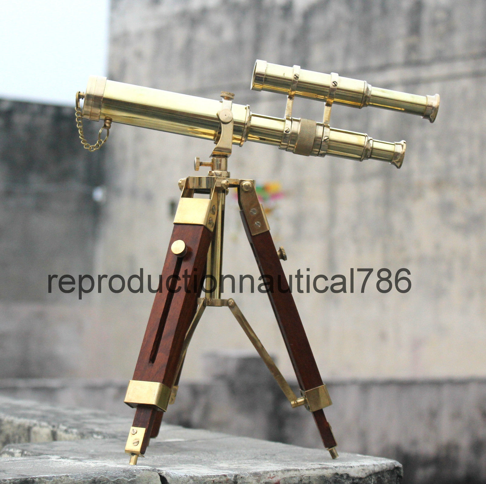 Nautical Royal Navy Brass Telescope With Wooden Tripod Collectible