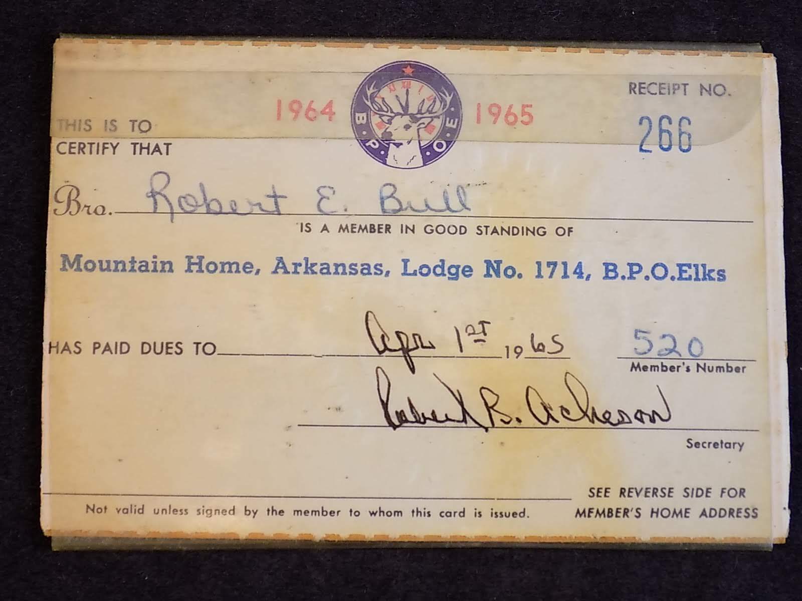 Vintage Bpoe Membership Card Lodge No Mountain Home Arkansas Elks