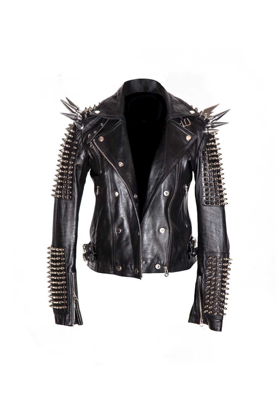 Women Black Long Spiked Studded Punk Rider Leather Jacket Studded Style