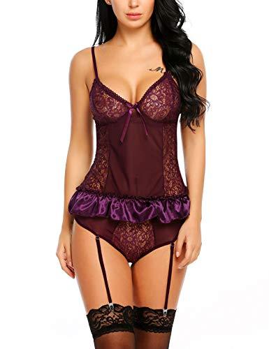 Adome Women Lingerie Lace Babydoll Garter Belts Bodysuit Chemise Teddy