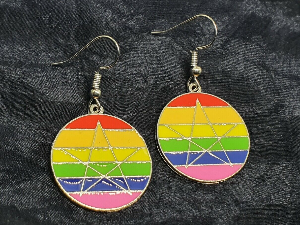 Gay Pride Earrings Rainbow Pagan Lgbt Rainbow Pentacle Enameled Drop