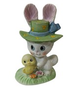 Lefton Bisque Easter Bunny Rabbit &amp; Baby Chick Figurine Red Foil 7781 Ta... - $22.76