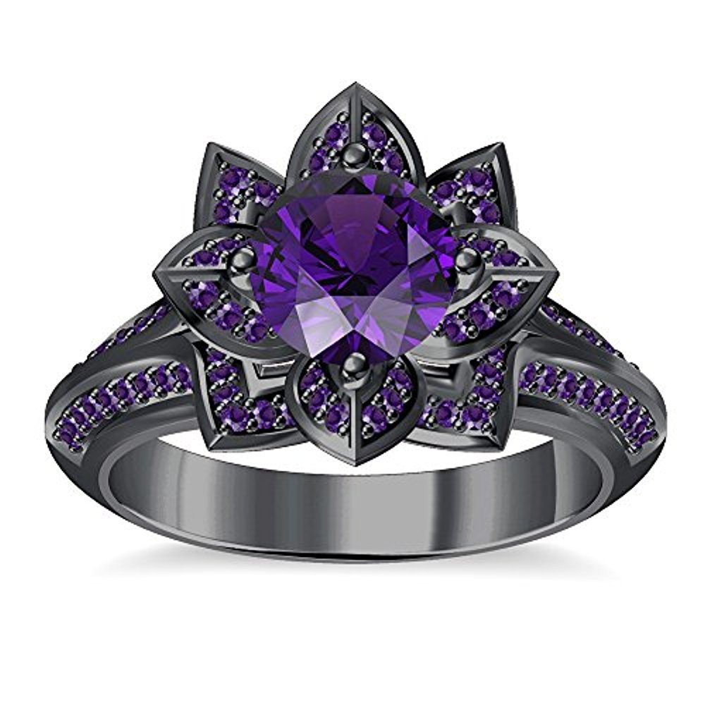 Solitaire Purple Amethyst Engagement Lotus Flower Ring in 14K Black Gold Fn