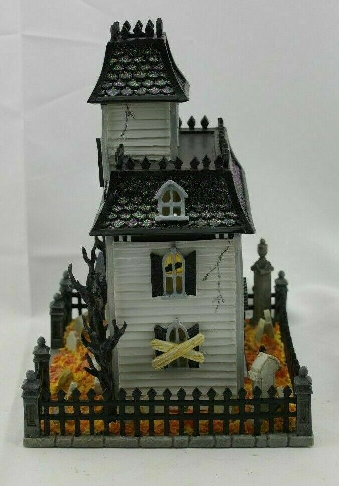 Lenox Halloween Lighted Haunted Mansion House Witch Cries Black Cat