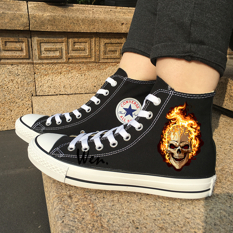 Flaming Skull Chuck Sneakers Men Converse All Star Black Canvas Shoes High Top
