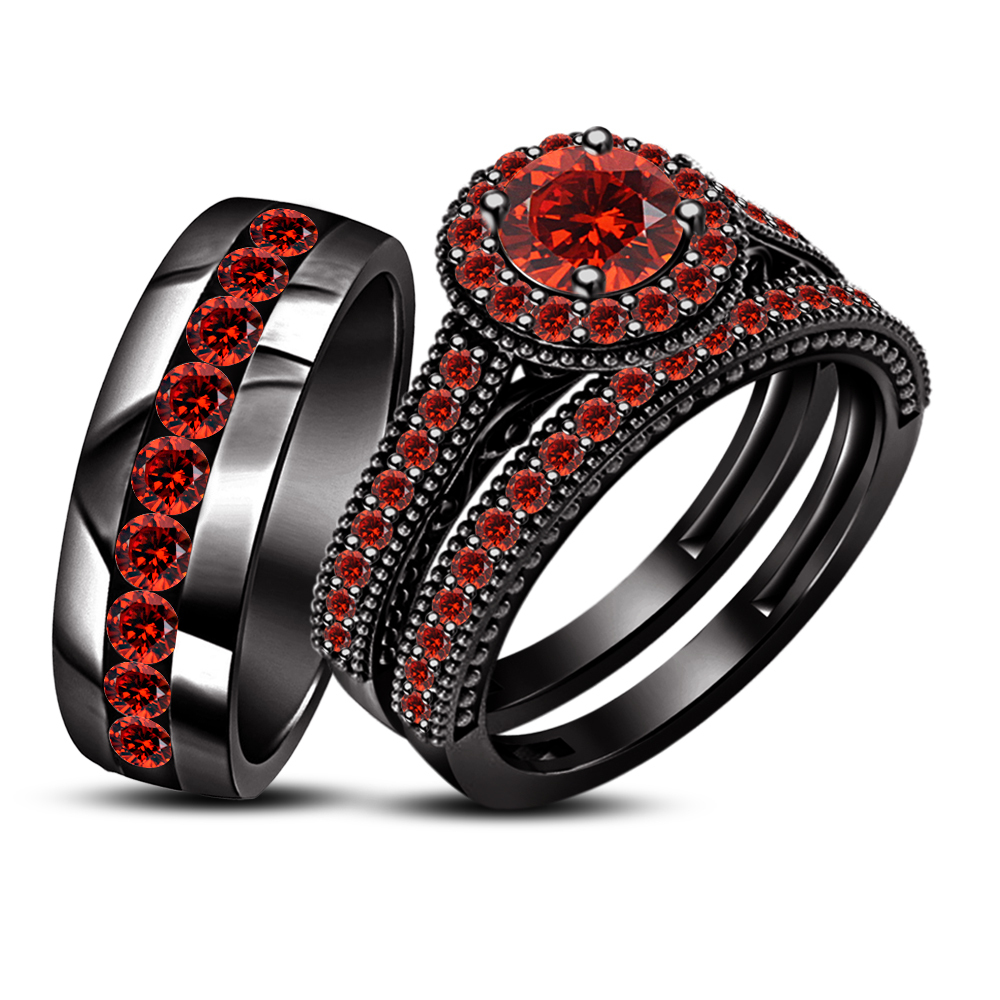His & Hers Wedding Band Engagement Ring Trio Set Red Garnet Black GP ...