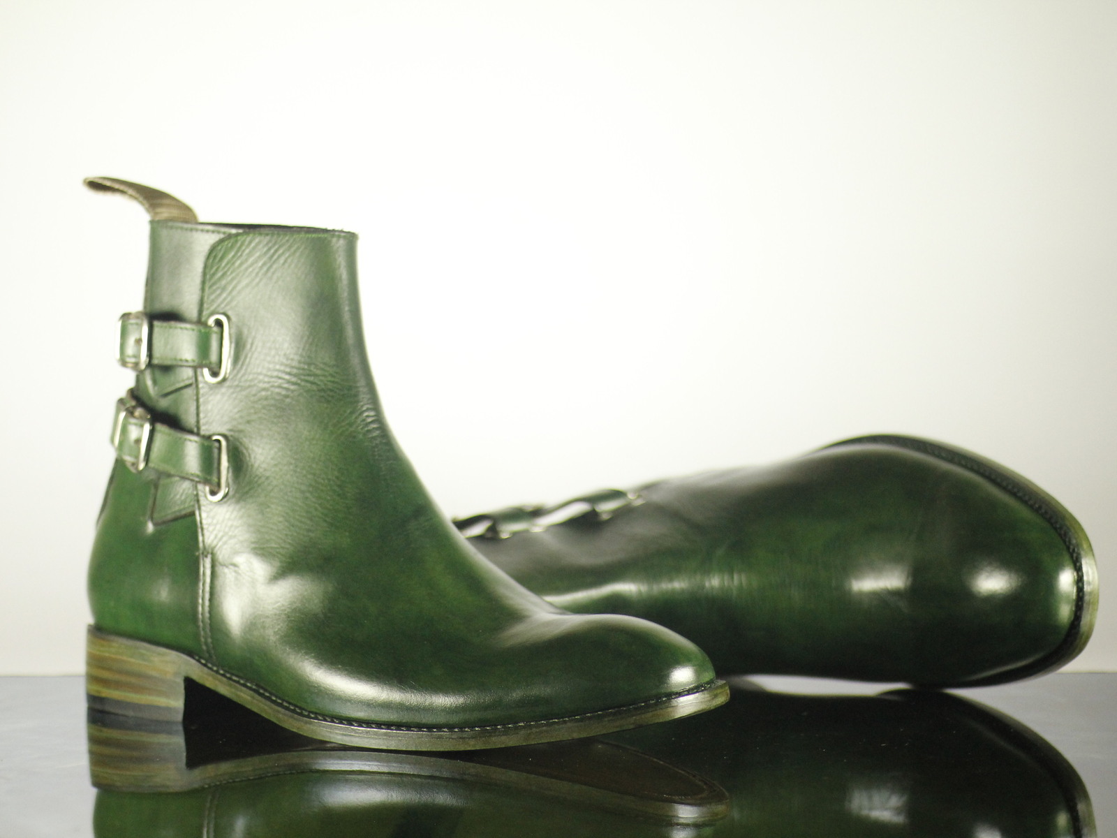 Handmade Men Green Leather Jodhpurs Ankle Double Strap Boots, Men