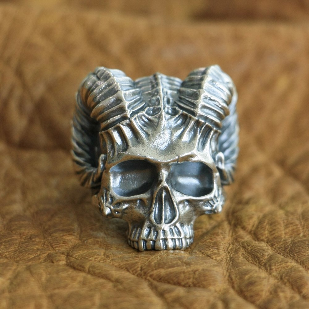 LINSION 925 Sterling Silver Horned Demon Skull Ring Mens Punk Ring US ...
