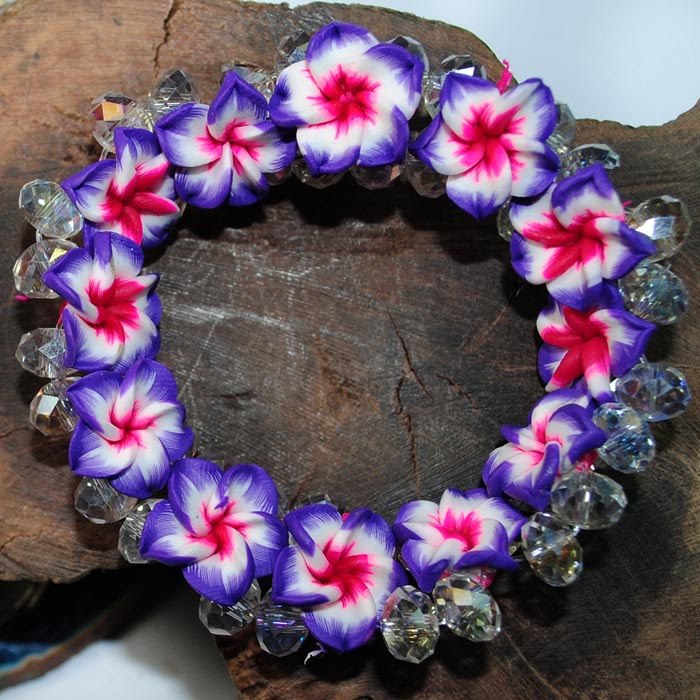 Hawiian Lei Porcelain Flower and Crystal BraceletPurple Bracelets