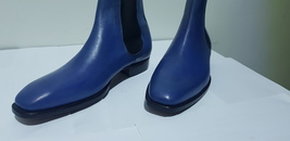 Handmade Men's Navy Blue High Ankle Chelsea Leather Boots image 2