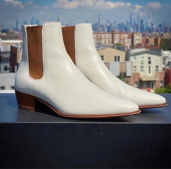 New Handmade White Leather Slip On Side Elastic Stylish Chelsea Boots for Men's
