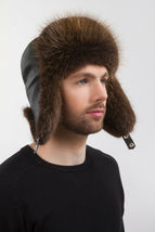 Natural Beaver Fur Ushanka Hat Leather Top Trapper Hat For a Men's