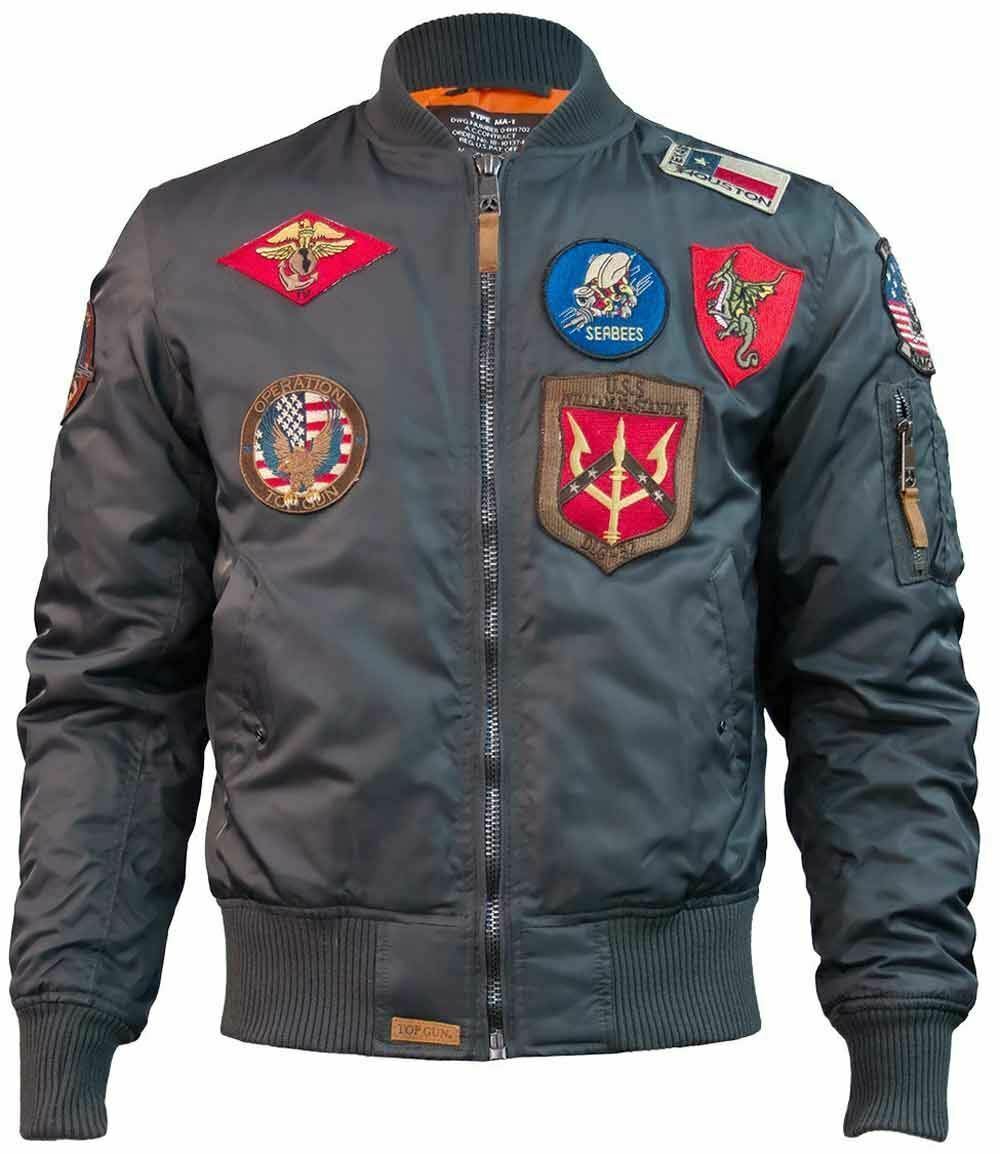 Top Gun MA 1 Nylon Bomber Jacket with Patches Grey - Coats & Jackets