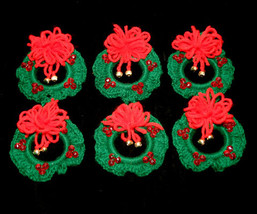 Set of 6 Handcrafted Crocheted Christmas Wreath Ornaments with Bells - $25.99