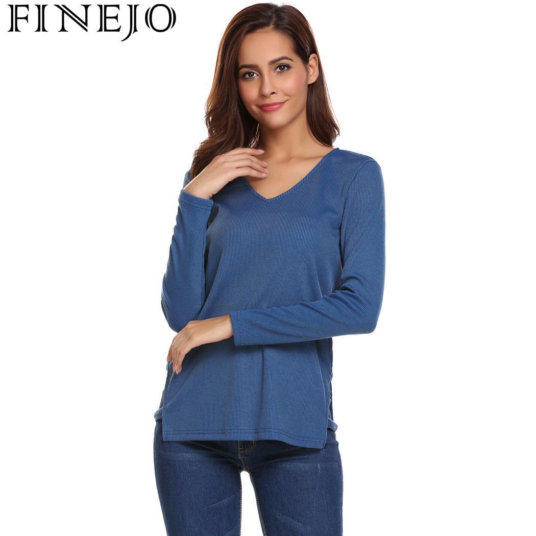 FINEJO Women T-Shirts Tops Spring Autumn Fit Slim V-Neck Long Sleeve ...