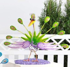 Peacock Garden Statue 13.7" High Metal Zany Bird Animated Bright Colors Home