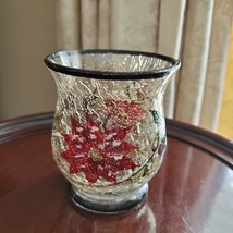 Winter Candle Holder, Crackle Glass, Planter Vase Hand Painted Poinsettia Holly image 2