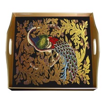 Square serving tray - Colorful Peacock with Old Gold Leaves and Black Background - $199.00