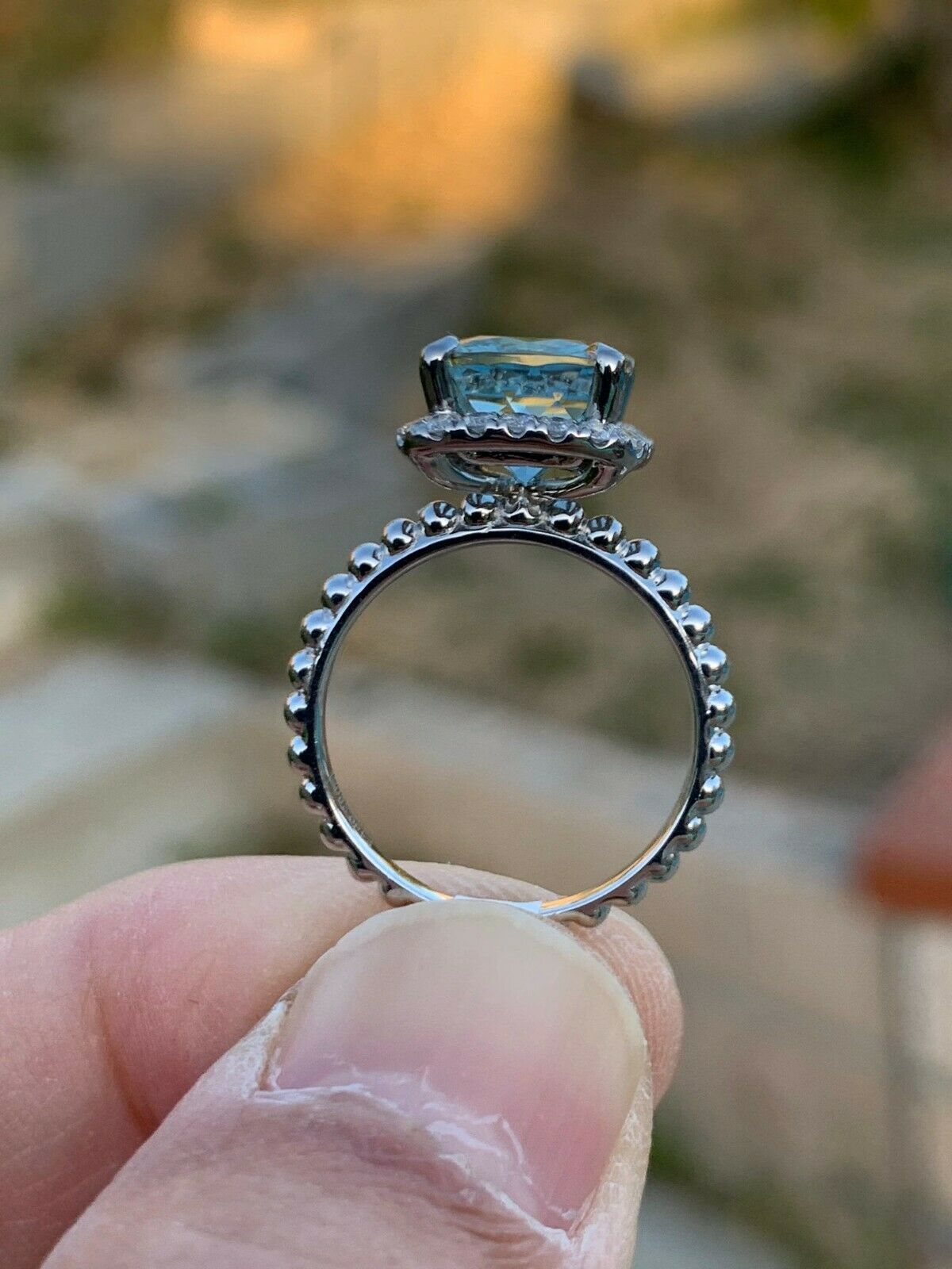 3.50Ct Cushion Cut Aquamarine Antique Halo Engagement Ring 14K White Gold Over Genuine Gemstone