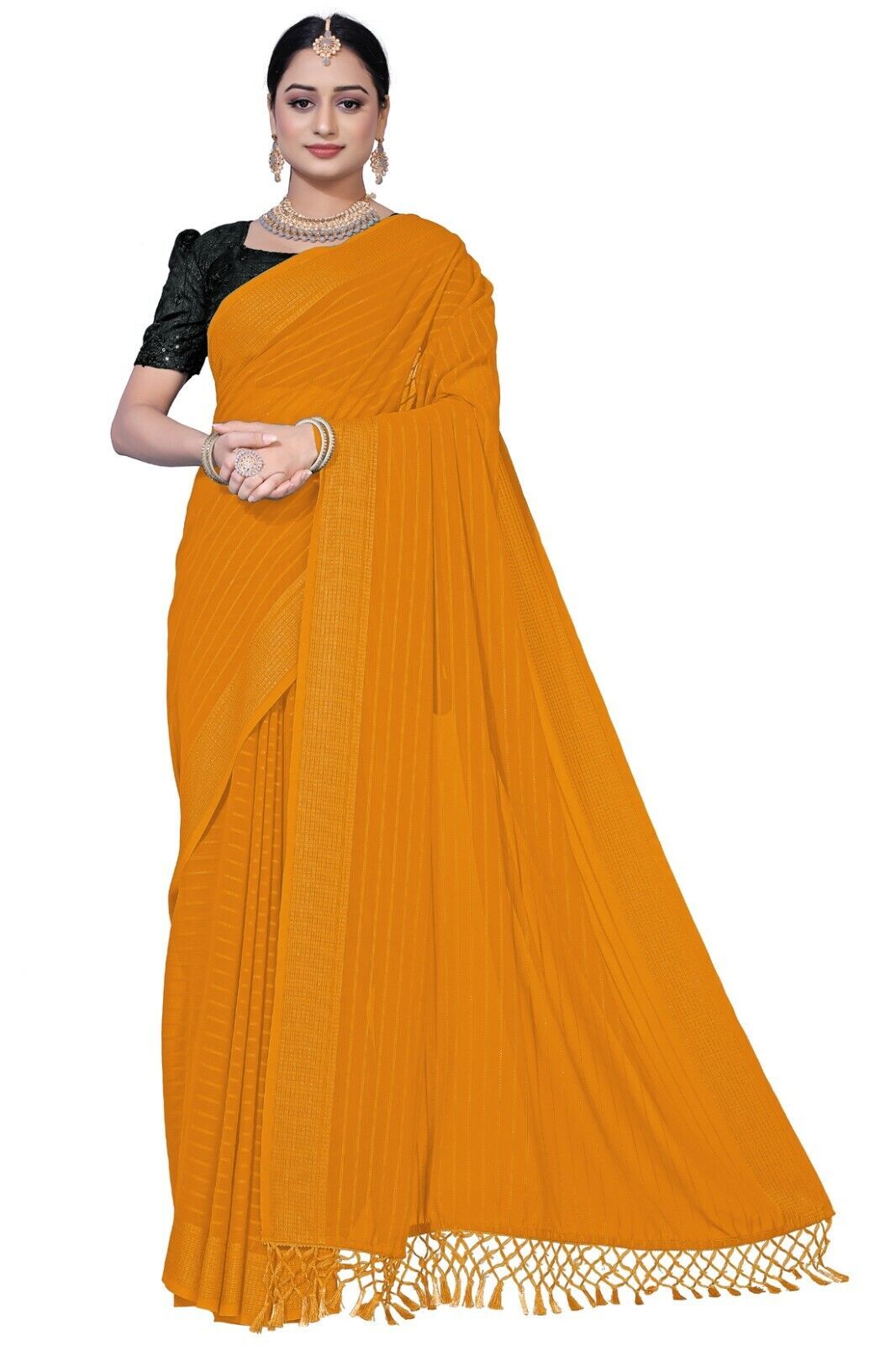 Designer Mustard Zari Weaving Tassel Pallu Sari Satin Georgette Party Wear Saree