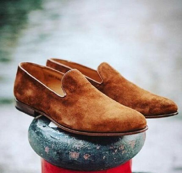 Bespoke Men's BrownSuede Leather Loafer Moccasin Formal Dress Leather Shoes