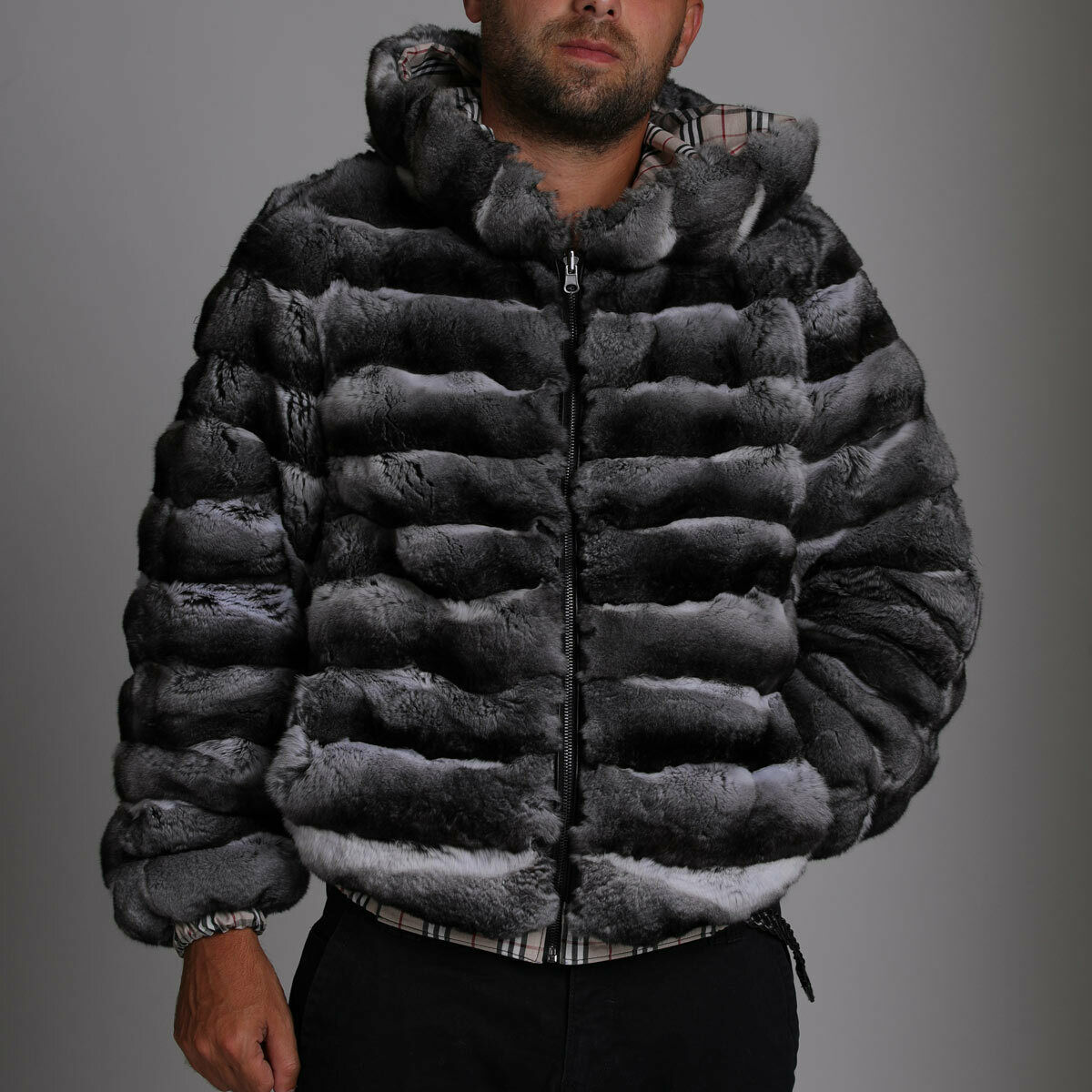 Men's Hooded Chinchilla Fur Bomber Jacket Reversible - Outerwear