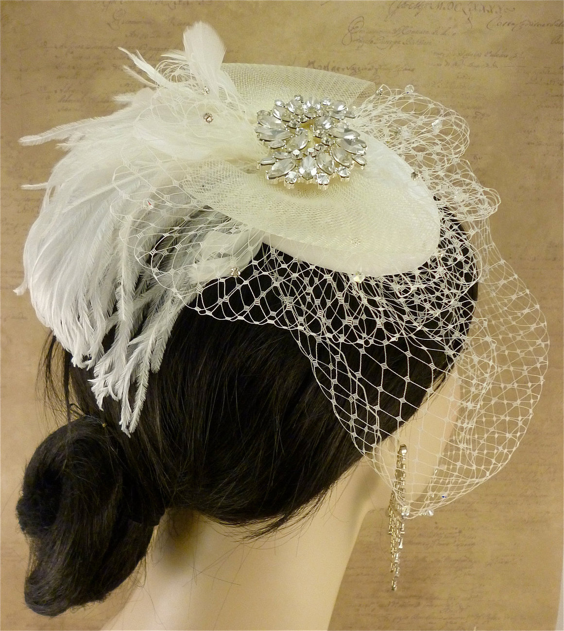 Full Birdcage Veil, Bridal Hat, Ivory, Feather Fascinator, Bridal