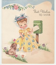 Vintage Birthday Card Girl Cocker Spaniel Dog Mailbox Sister 1940&#39;s Embo... - $8.90
