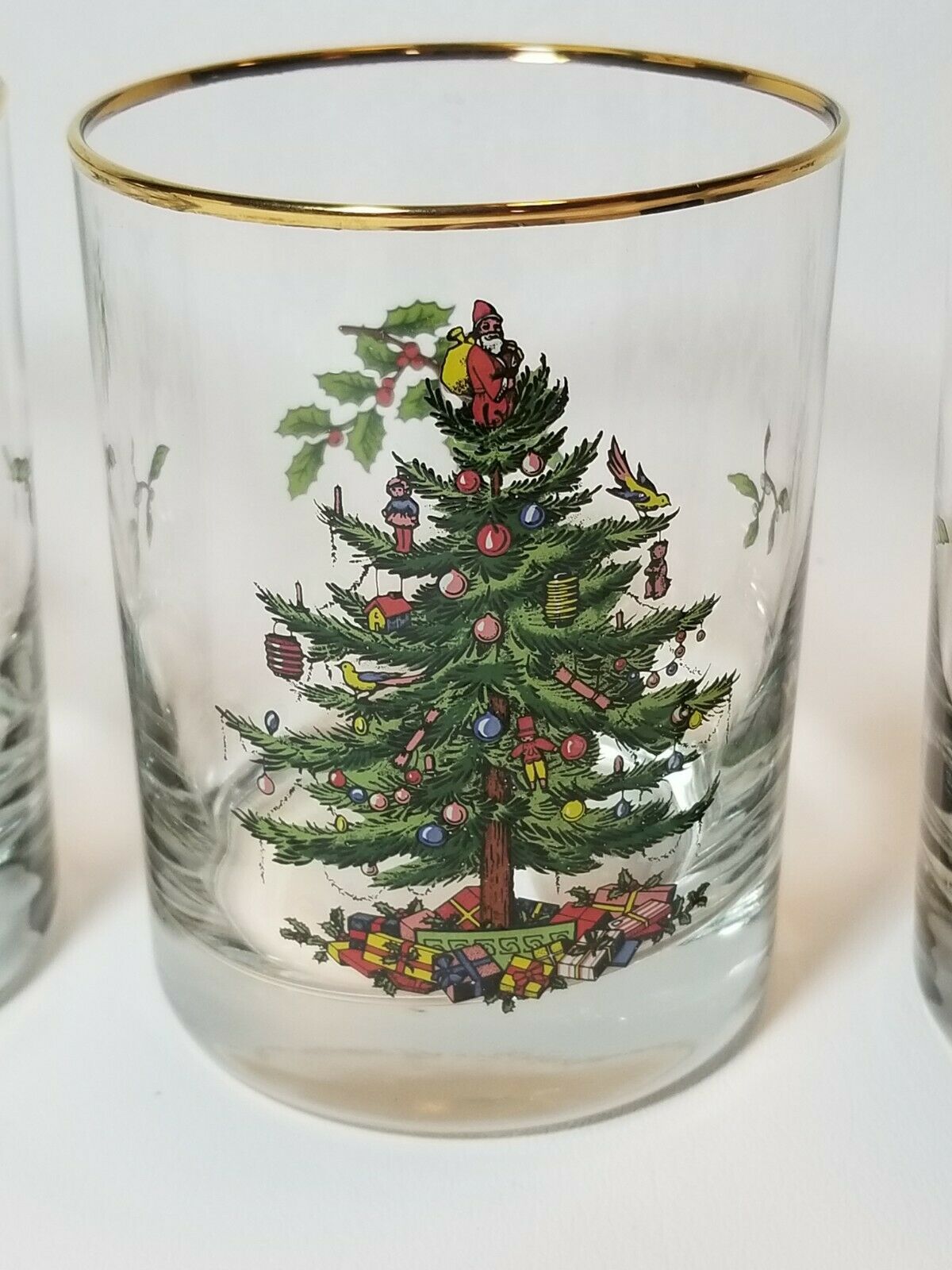 Spode Christmas Tree Double Old Fashioned Glasses In Box Gold Rim Set Of 4 Porcelain