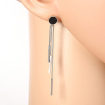 Silver Tone Drop Earrings with Jet Black Faux Onyx Circle & Tassels - $26.99